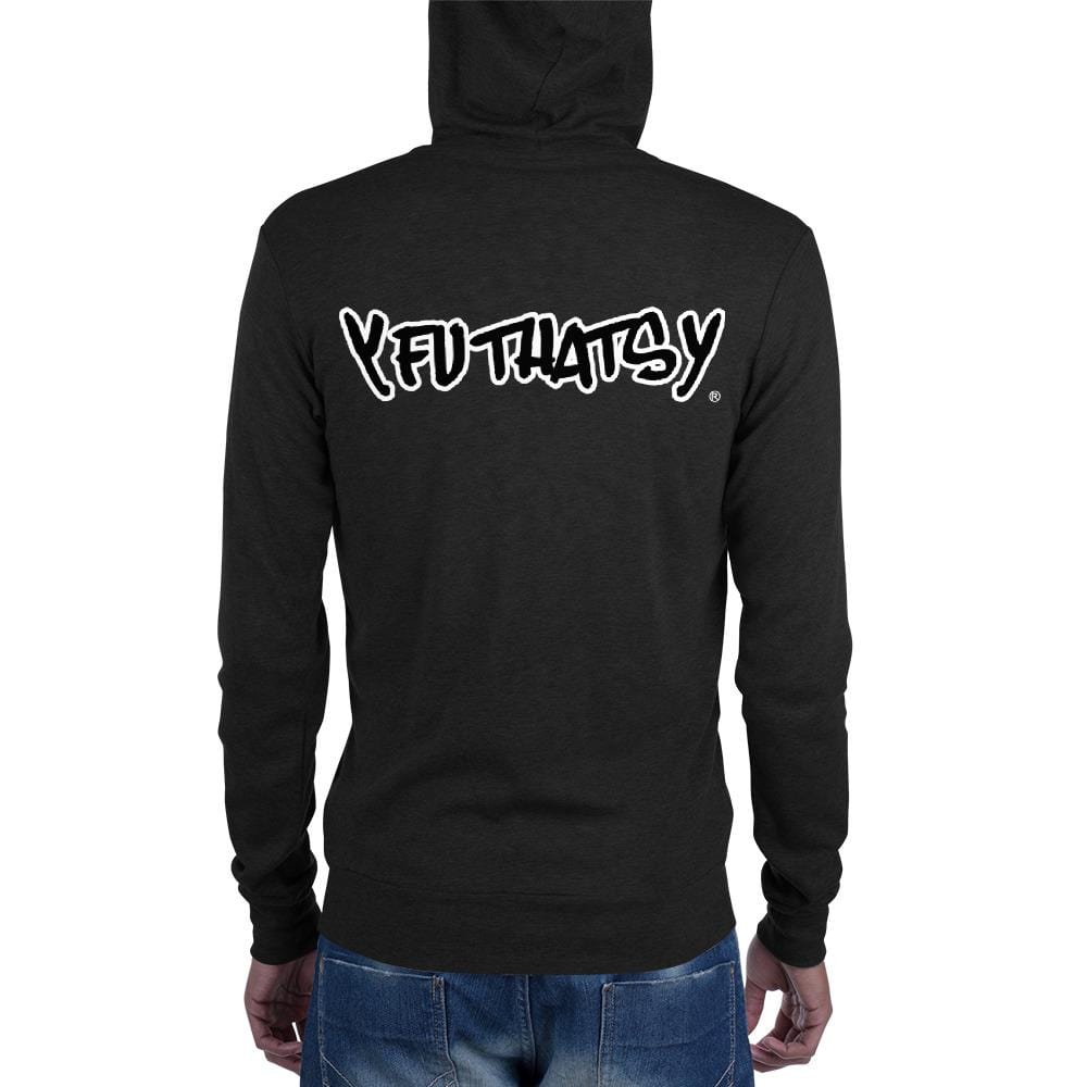 Unisex zip hoodie, Black Letters, White Outline YFUTHATSY