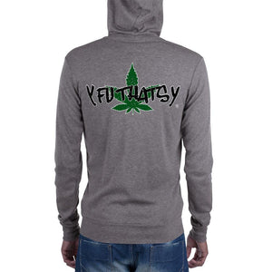 Unisex zip hoodie POT LEAF Y FU THATS Y, Print has a Distressed Look