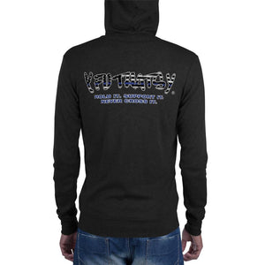 Unisex zip hoodie THIN BLUE LINE FLAG, HOLD IT, SUPPORT IT, NEVER CROSS IT, Y FU THATS Y, Print has a Distressed Look