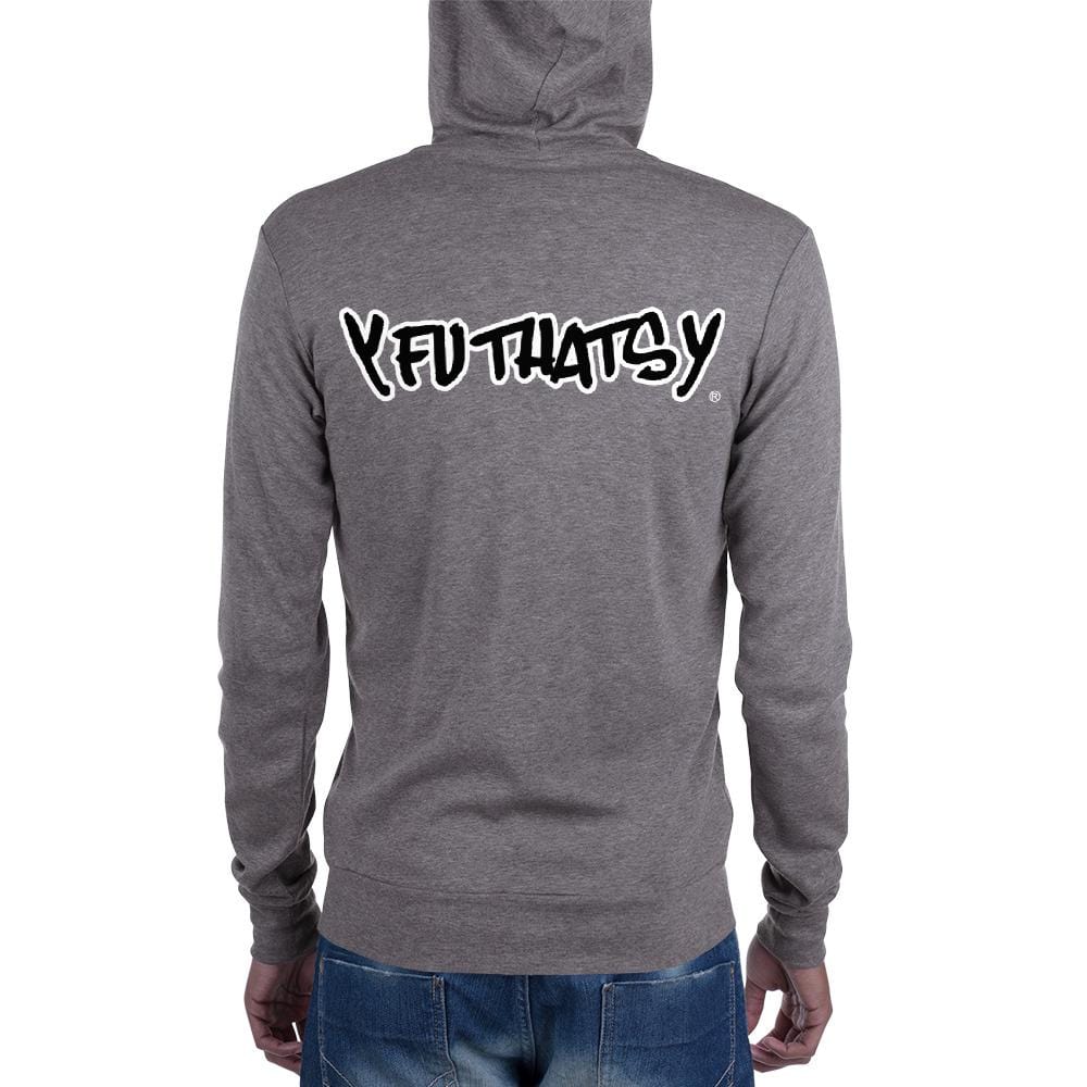 Unisex zip hoodie, Black Letters, White Outline YFUTHATSY